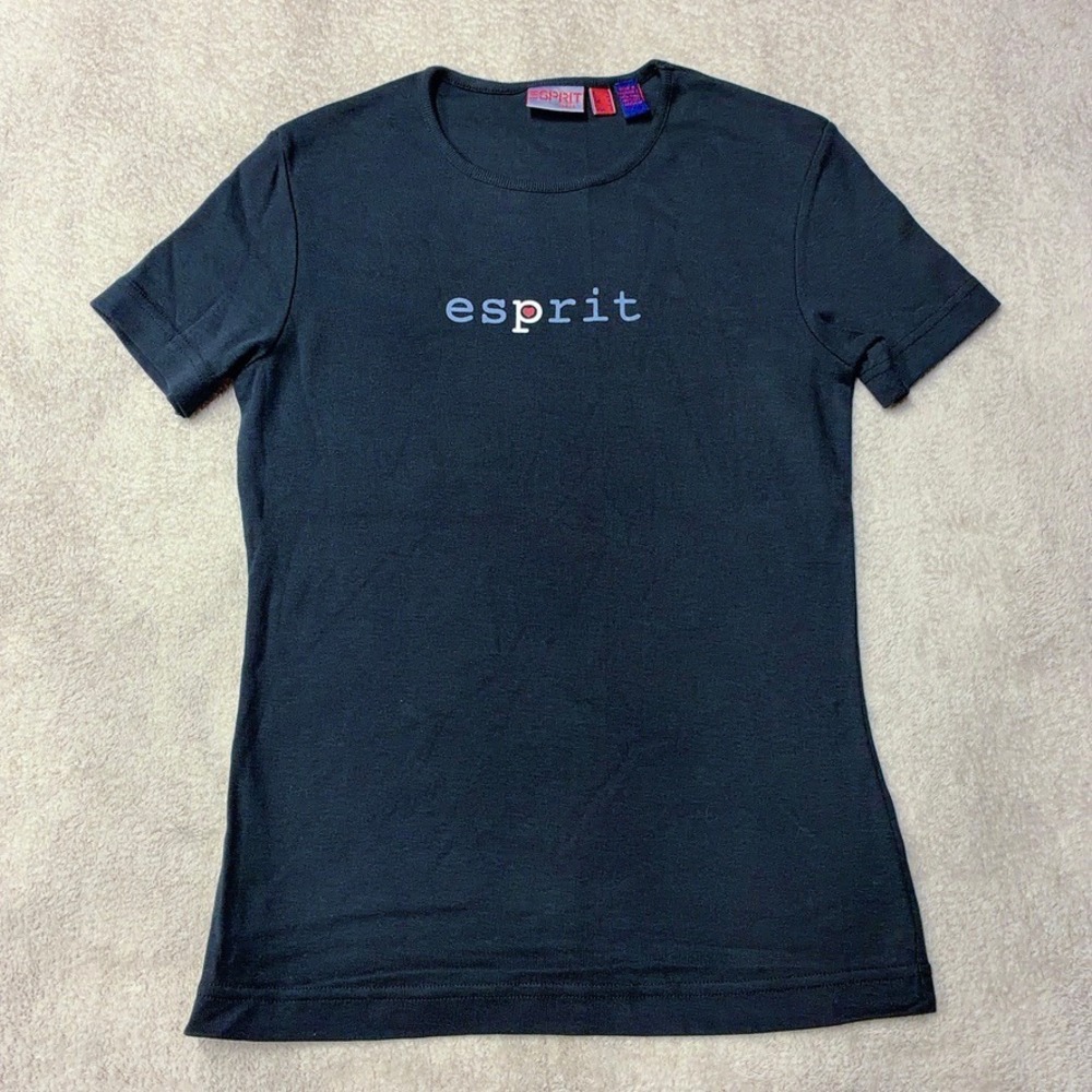 Vintage ESPRIT Logo T-Shirt Womens S Y2K Ribbed Cotton Slim Fit Navy Blue 90s 00